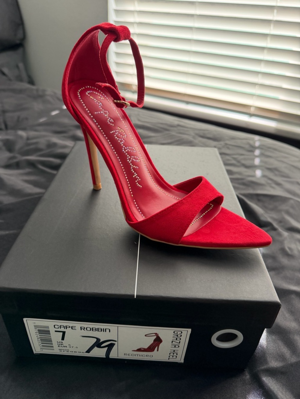 Cape Robbin Red Suede Pointed Toe Ankle Strap Stiletto